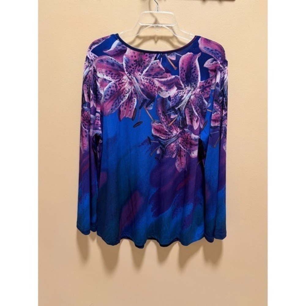 Bob Mackie Wearable Art Floral Long Sleeve Blouse Blue Purple Jersey Knit Lg - Picture 7 of 15